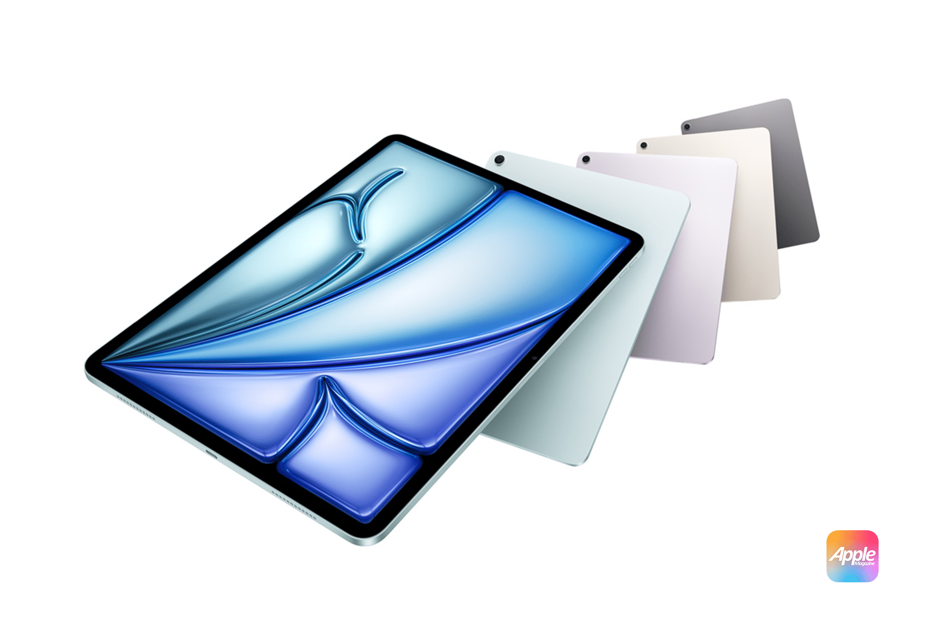 Four iPad Air Refresh tablets with the new M4 Chip in blue, pink, silver, and gray are displayed in a cascading arrangement. The front tablet showcases a blue abstract design on the screen. An Apple logo graces the bottom right corner, enhancing their sleek modern appeal.