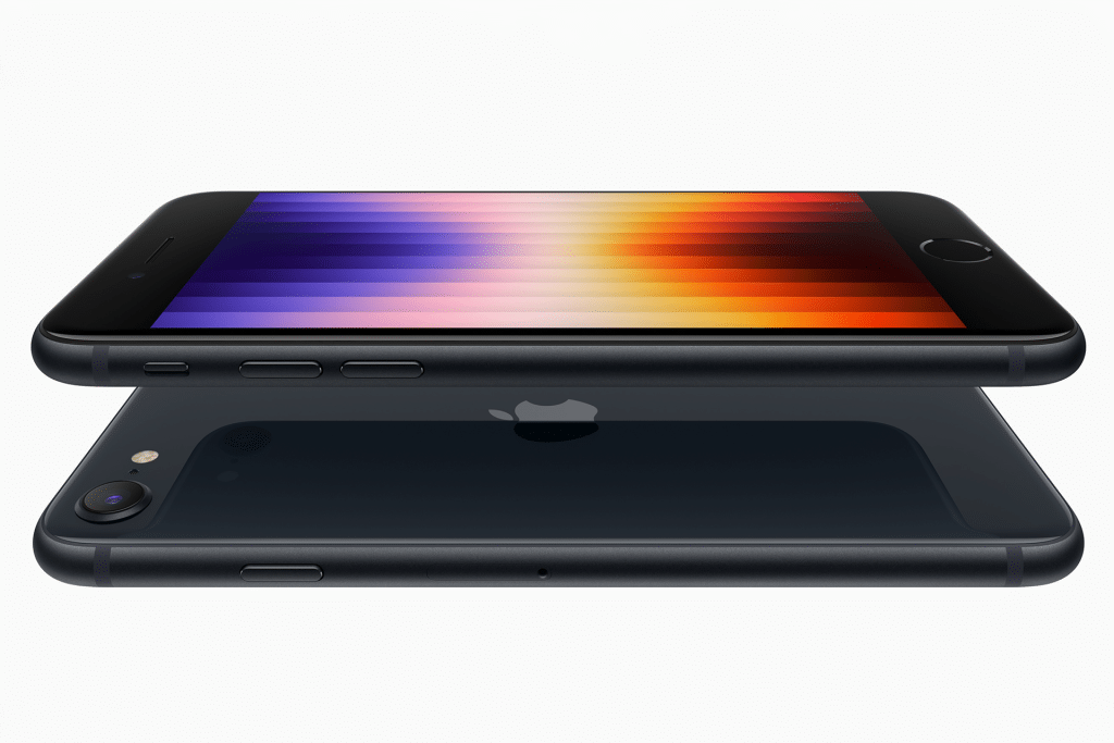 A smartphone, rumored to be the iPhone 16E, boasts a vibrant, colorful screen display shown from the side and back. It features a sleek black design, a camera, and a home button.