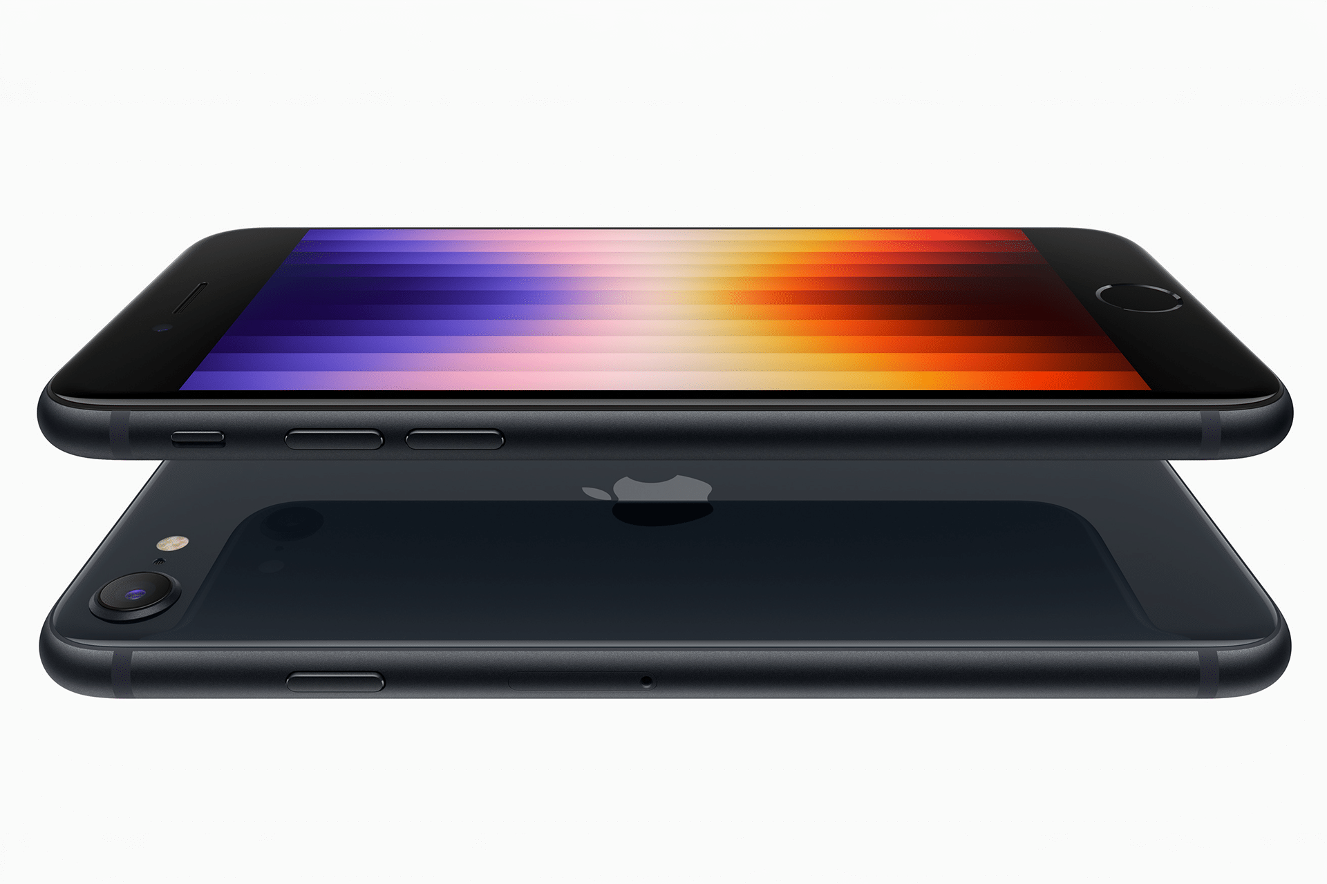 A smartphone, rumored to be the iPhone 16E, boasts a vibrant, colorful screen display shown from the side and back. It features a sleek black design, a camera, and a home button.