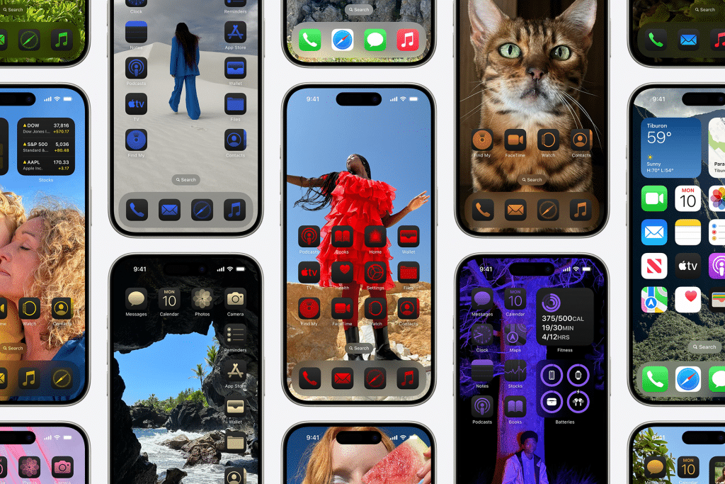 Collage of smartphones, highlighting iOS 19 features with various home screen layouts. Screens display nature photography, people, a cat, and app icons with diverse themes and color schemes. Each phone showcases unique arrangements and styles.