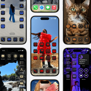 Collage of smartphones, highlighting iOS 19 features with various home screen layouts. Screens display nature photography, people, a cat, and app icons with diverse themes and color schemes. Each phone showcases unique arrangements and styles.