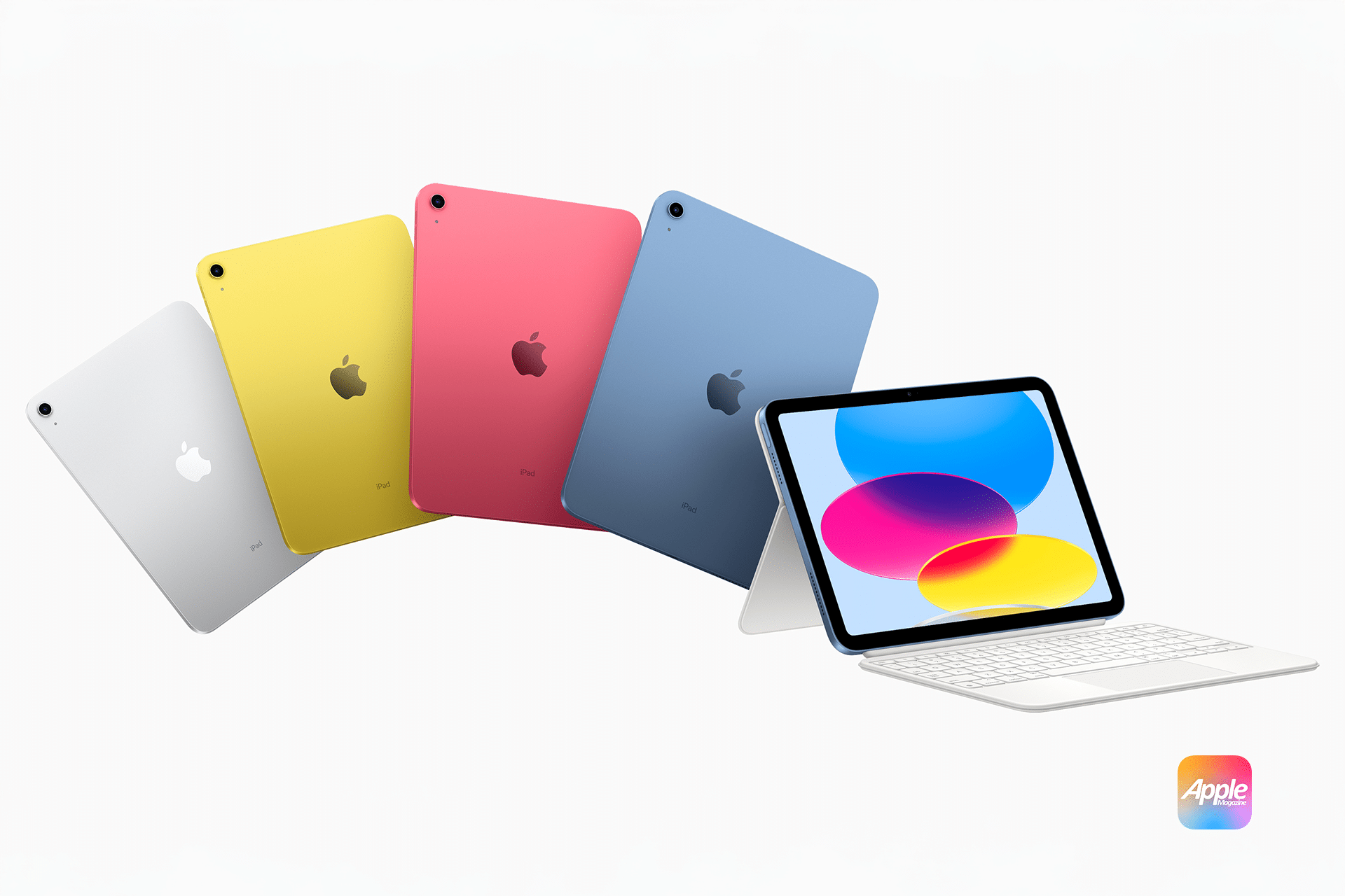 A selection of colorful tablets, including the iPad 11, is displayed in stunning red, yellow, blue, and silver. An iPad with a keyboard stands prominently in the foreground, showcasing its vibrant screen. The Apple logo is elegantly visible in the corner.