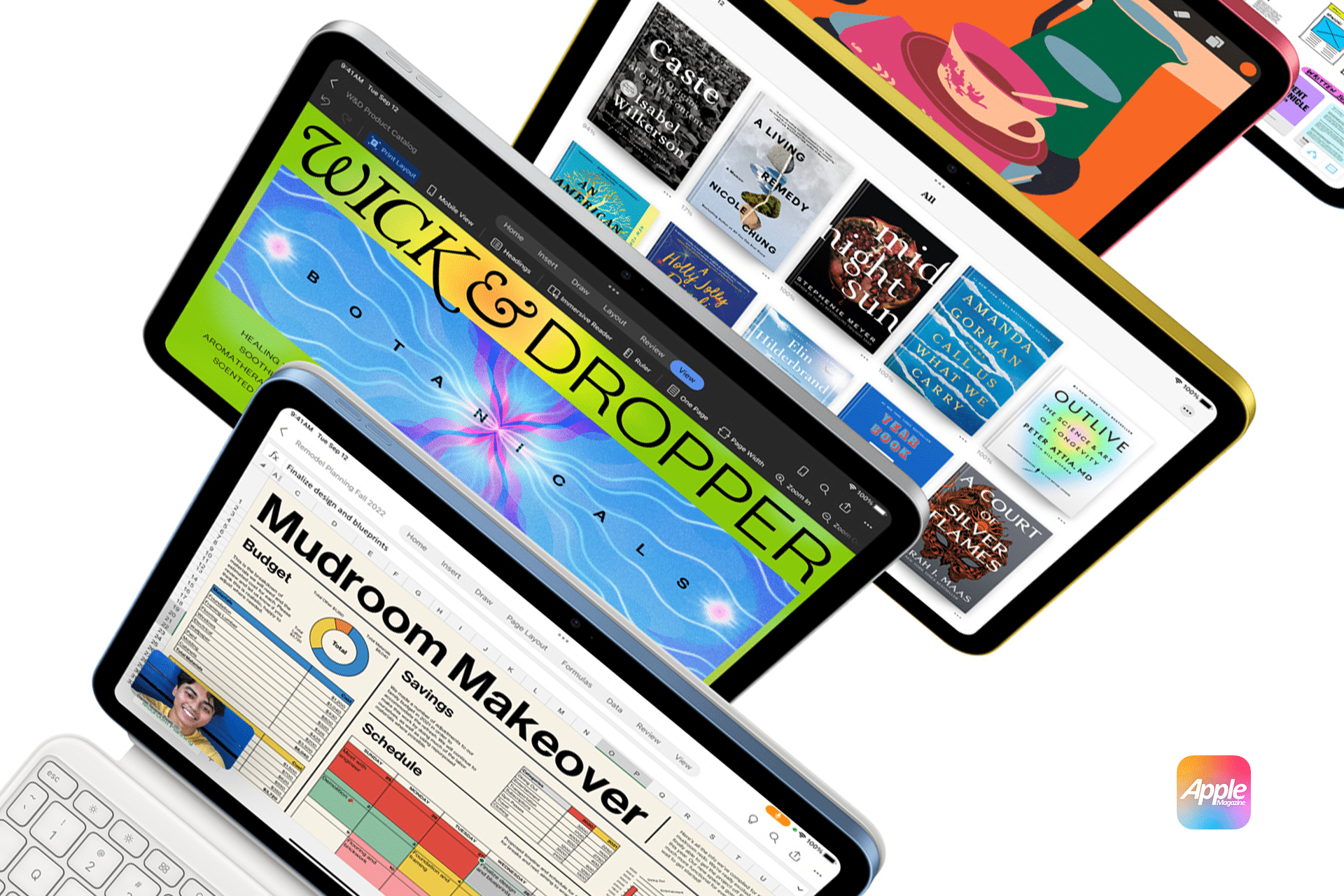 Four overlapping iPad 11 tablets, powered by the A16 Chip, showcase a vibrant array of apps and documents. These include a music production app, a drawing app with stylized text, a presentation with charts, and a photo editing interface. The Apple logo is prominently displayed at the bottom right.