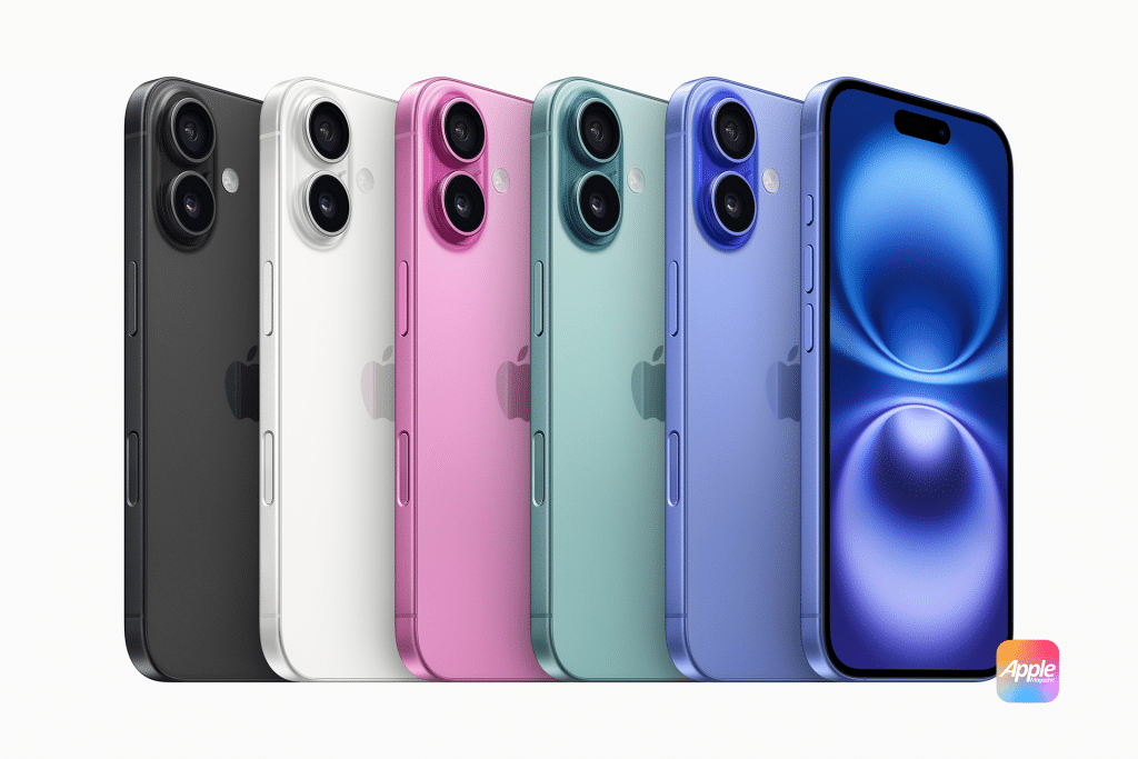 A lineup of iPhones, including the iPhone 16, in five vibrant colors: black, white, pink, green, and blue. A display on the right shows a blue background. Noticeable is the iconic Apple logo on each device as sales surge for this popular model.