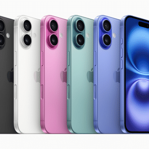 A lineup of iPhones, including the iPhone 16, in five vibrant colors: black, white, pink, green, and blue. A display on the right shows a blue background. Noticeable is the iconic Apple logo on each device as sales surge for this popular model.
