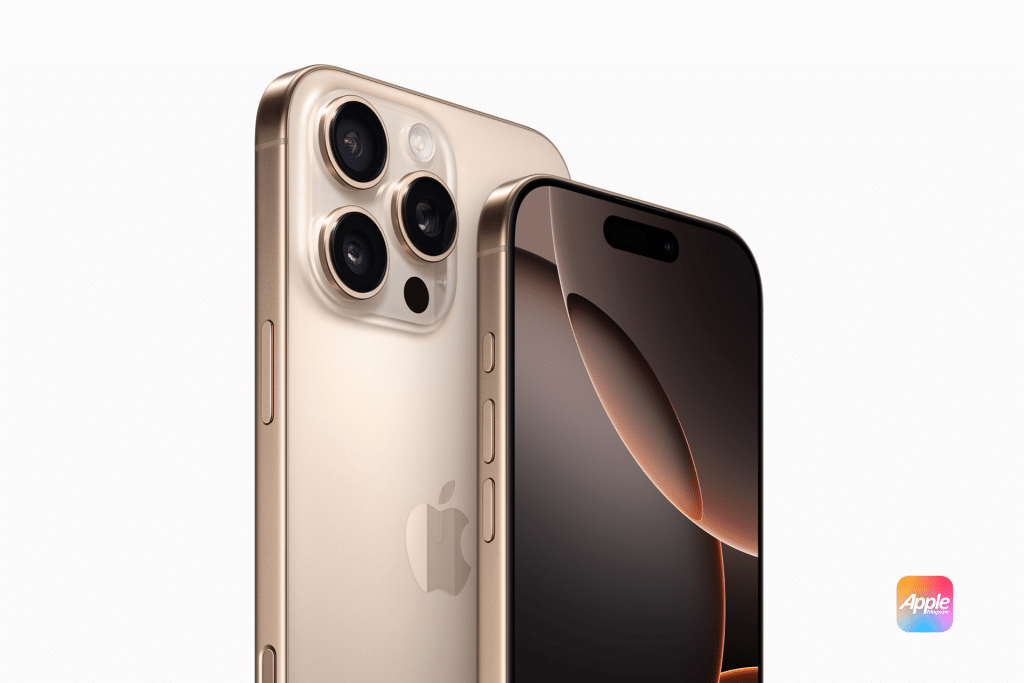 Two gold iPhone 16 Pro smartphones, one showing the back with three cameras, and the other displaying the front screen with a dark abstract design. Both sport an Apple logo, while a small Apple logo in a multicolored square graces the bottom right corner.