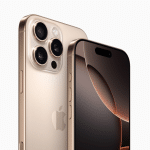 Two gold iPhone 16 Pro smartphones, one showing the back with three cameras, and the other displaying the front screen with a dark abstract design. Both sport an Apple logo, while a small Apple logo in a multicolored square graces the bottom right corner.