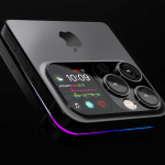 A sleek, futuristic foldable iPhone concept appears on a black background, boasting a reflective Apple logo and multiple camera lenses. The innovative screen showcases fitness tracking data and a digital clock, while colorful accents illuminate the edges, fueling exciting iPhone rumors.