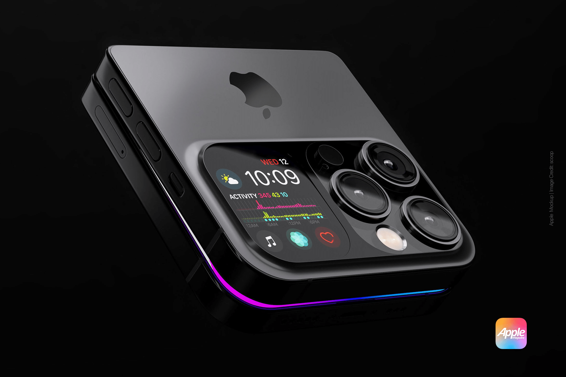 A sleek, futuristic foldable iPhone concept appears on a black background, boasting a reflective Apple logo and multiple camera lenses. The innovative screen showcases fitness tracking data and a digital clock, while colorful accents illuminate the edges, fueling exciting iPhone rumors.