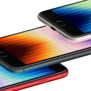 Three new smartphones are stacked diagonally, each displaying a vibrant, striped gradient pattern on the screen. The phones boast black, white, and red edges, highlighting their modern design.