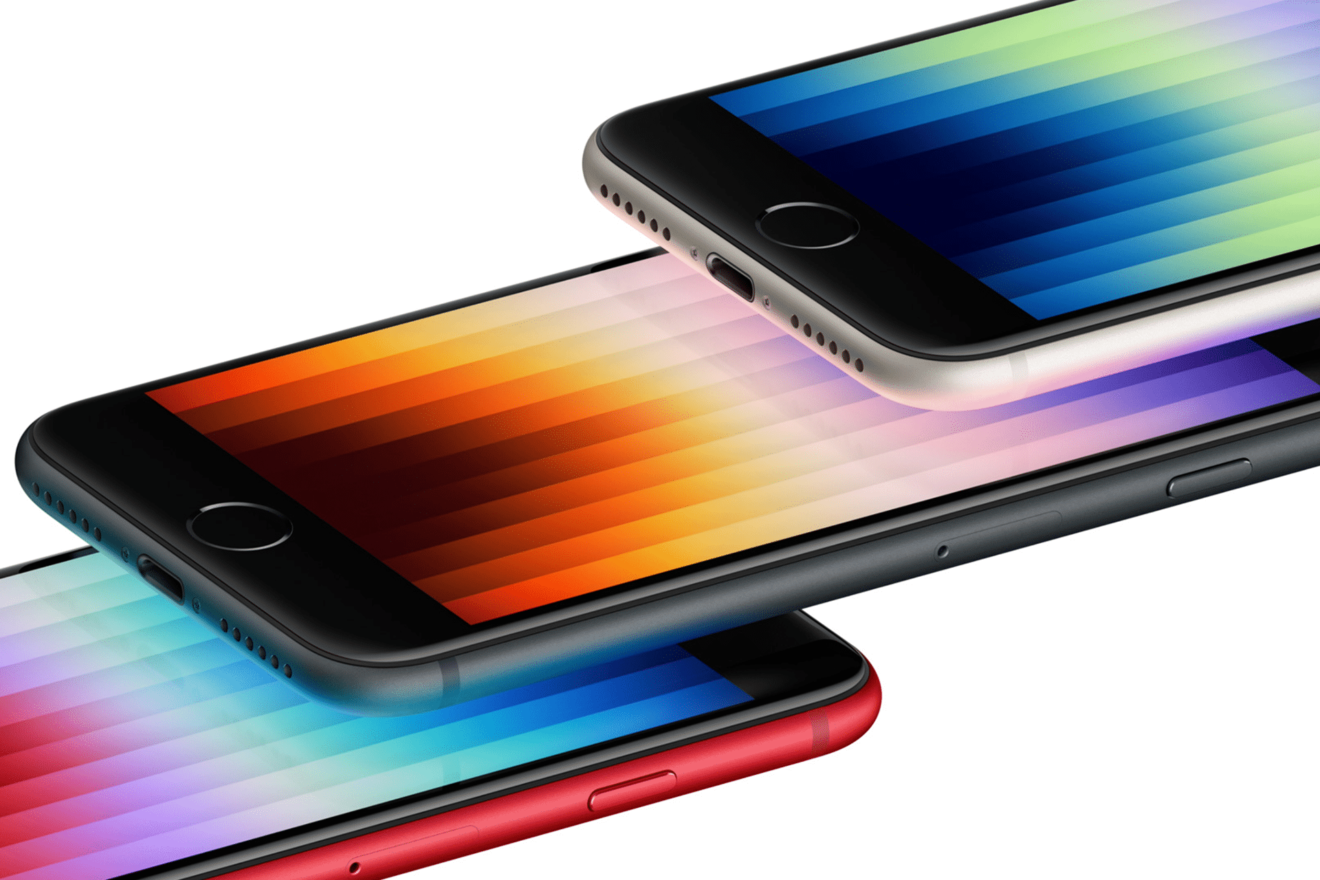 Three new smartphones are stacked diagonally, each displaying a vibrant, striped gradient pattern on the screen. The phones boast black, white, and red edges, highlighting their modern design.