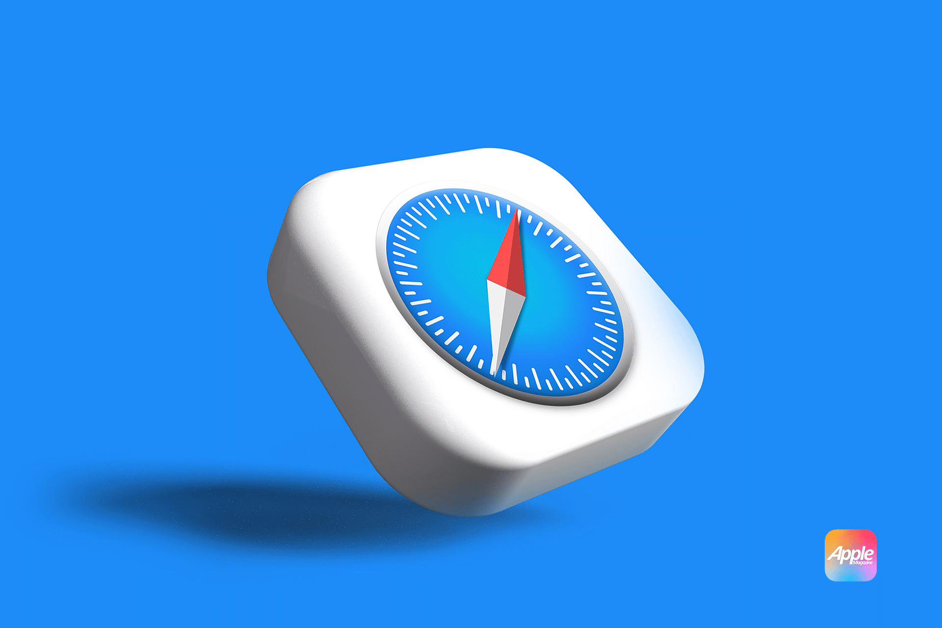 A 3D illustration of the Safari Technology Preview 212 browser icon on a blue background. The icon is square with rounded edges, featuring a compass design in blue and white with a red needle, and a small Apple logo in the bottom right corner.