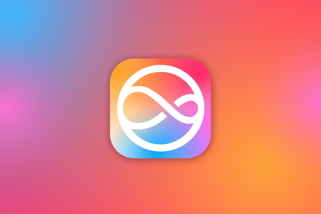 A white infinity symbol inside a circle is centered on a square app icon with rounded corners. Designed with Apple Intelligence, the background features a gradient of pink, orange, and blue hues, creating a vibrant and colorful effect.