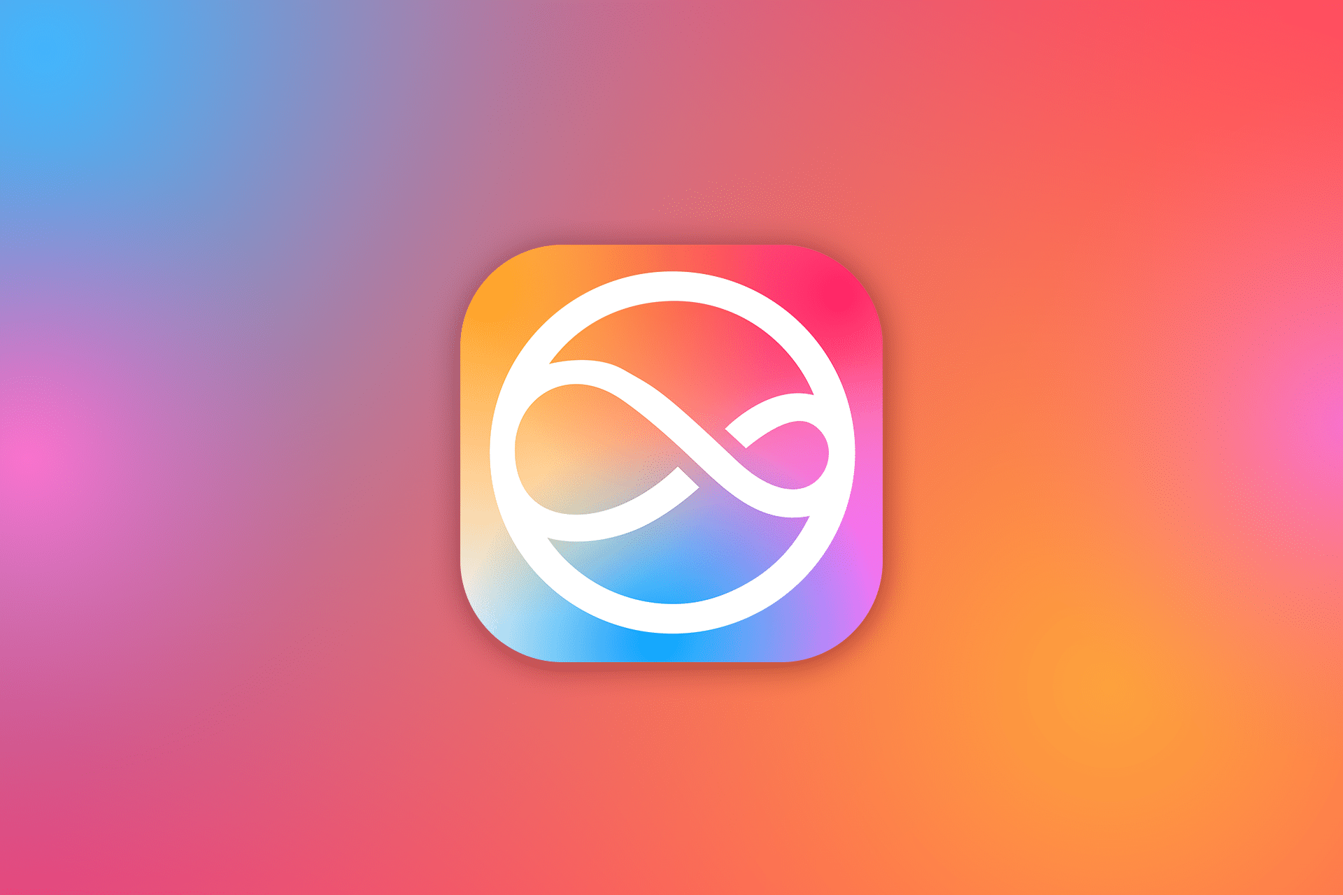 A white infinity symbol inside a circle is centered on a square app icon with rounded corners. Designed with Apple Intelligence, the background features a gradient of pink, orange, and blue hues, creating a vibrant and colorful effect.