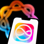 A smartphone screen running iOS 19 showcases a colorful app icon with an infinity symbol. In the background, a glowing, blurred abstract shape with rainbow colors stands out against a dark backdrop.