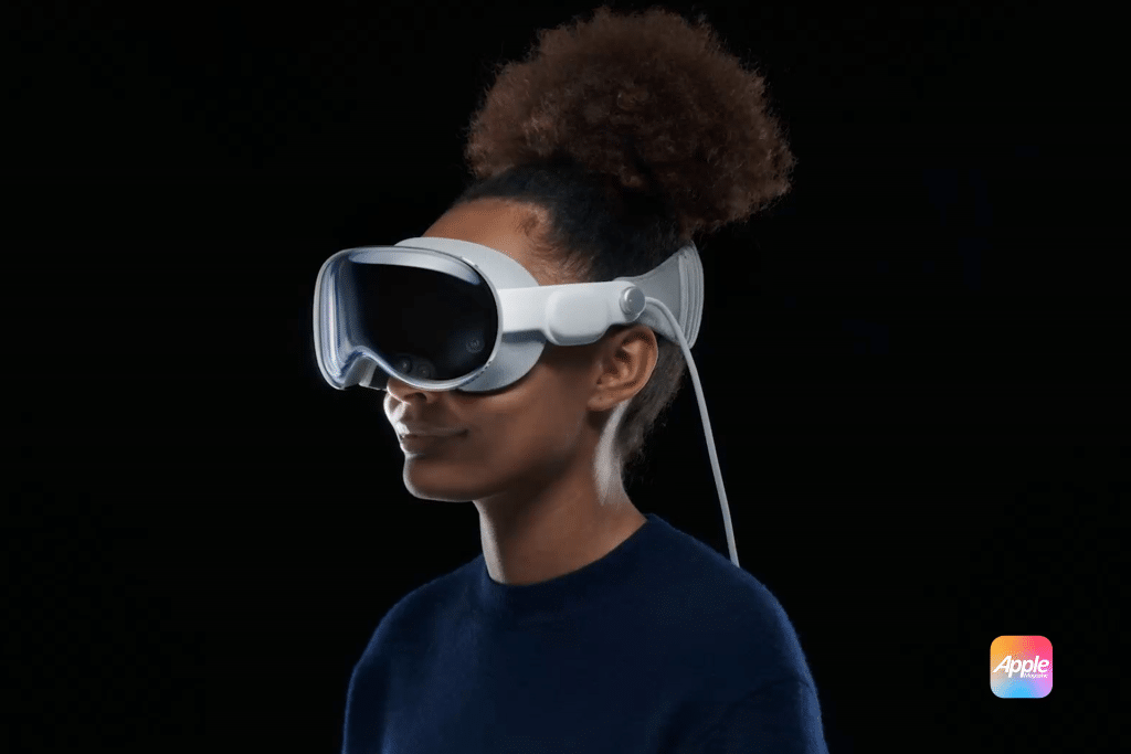 A person wearing a cutting-edge virtual reality headset, sleek in its modern design, stands confidently against an 18-themed dark background. The headset is unmistakably an Apple product, showcasing the iconic Apple logo with subtle elegance.