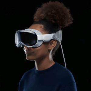 A person wearing a cutting-edge virtual reality headset, sleek in its modern design, stands confidently against an 18-themed dark background. The headset is unmistakably an Apple product, showcasing the iconic Apple logo with subtle elegance.