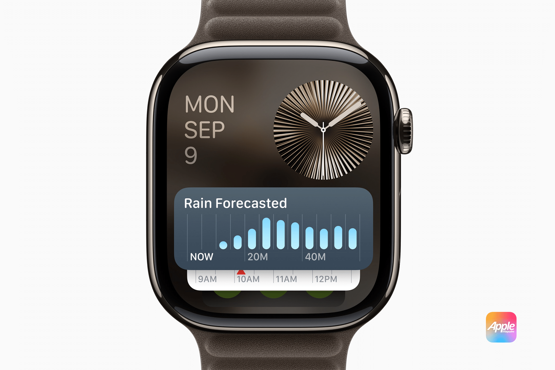 An Apple Watch running watchOS 11.3 Beta 3 displays the date Monday, September 9, with a detailed weather forecast. The screen shows rain predicted over the next hour in intervals and a modern clock face. An Apple logo graces the bottom right corner.