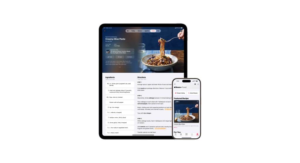 Tablet and smartphone running iOS 18.4 display a cooking app for culinary inspiration. The screen shows a recipe for creamy miso pasta with user-reviewed steps. Both devices feature images of plated pasta at the top, with ingredients and directions delightfully listed below.