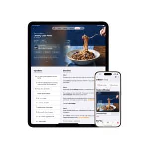 Tablet and smartphone running iOS 18.4 display a cooking app for culinary inspiration. The screen shows a recipe for creamy miso pasta with user-reviewed steps. Both devices feature images of plated pasta at the top, with ingredients and directions delightfully listed below.