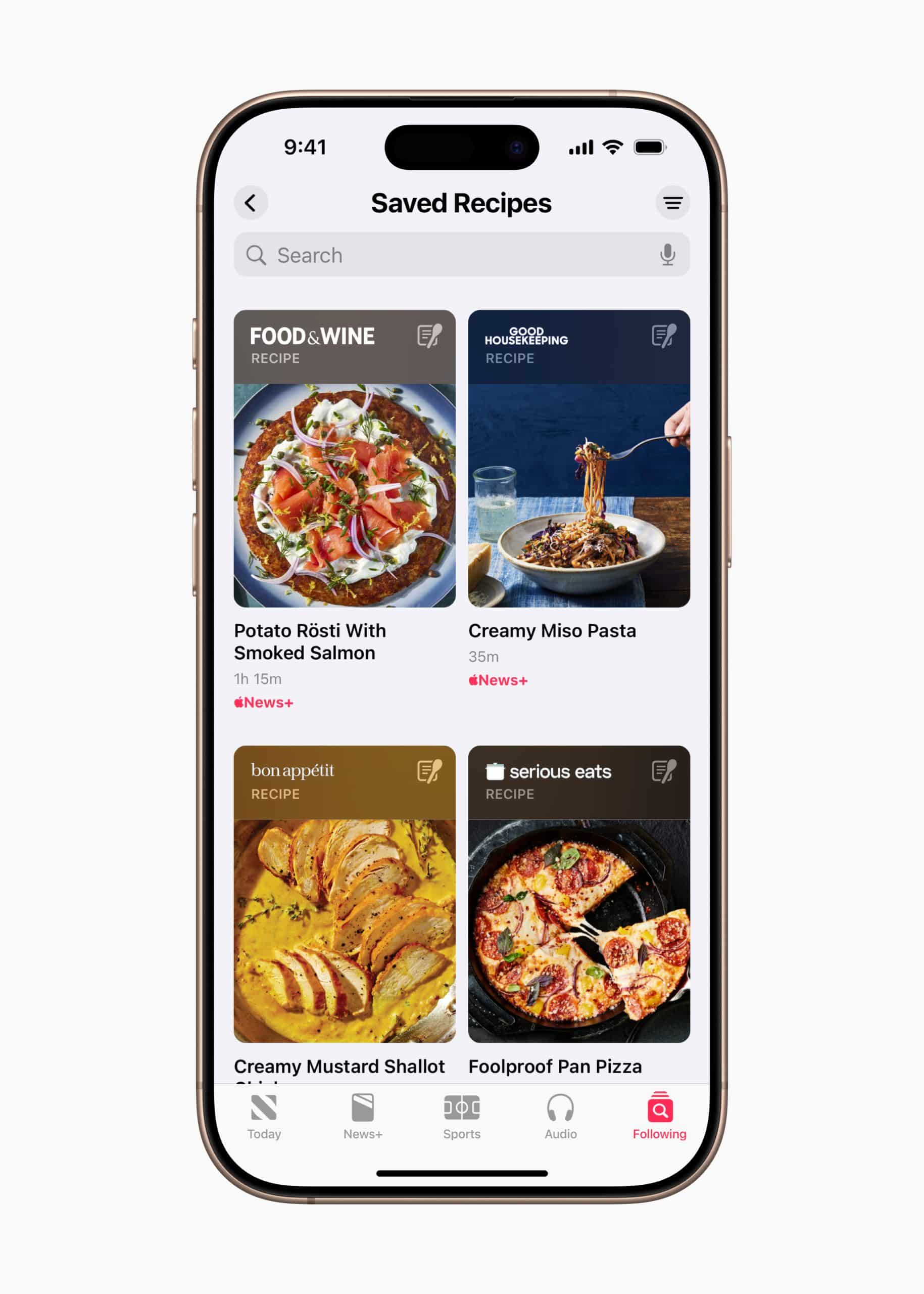 The smartphone screen, running iOS 18.4, showcases a "Saved Recipes" page featuring four culinary inspirations: potato rösti with smoked salmon, creamy miso pasta, creamy mustard shallot, and foolproof pan pizza. Each recipe is complete with an appetizing image and preparation time.