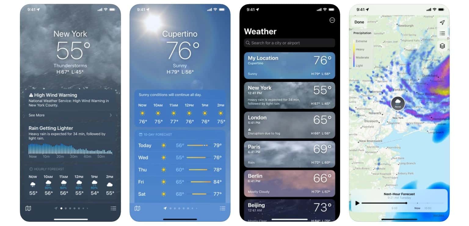 Four smartphone weather app screens, designed with insights from Weather APIs, display current conditions in New York, Cupertino, and beyond. They include temperature, precipitation details, and forecasts. A separate screen shows a map with patterns and a "Done" button.