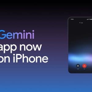 The image features a gradient backdrop with "Gemini AI app now on iPhone" text on the left. On the right, a smartphone showcases a dimly lit interface, complete with play and stop buttons, delivering a standalone experience.