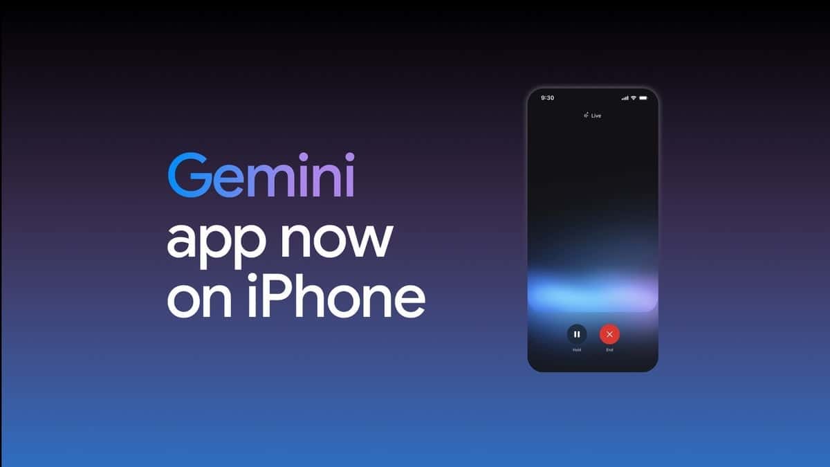 The image features a gradient backdrop with "Gemini AI app now on iPhone" text on the left. On the right, a smartphone showcases a dimly lit interface, complete with play and stop buttons, delivering a standalone experience.