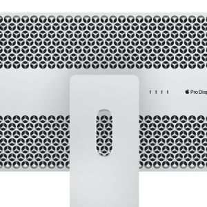 Back view of an Apple Pro Display XDR 2, showcasing its distinct lattice ventilation pattern and sleek, minimalist stand. The stand features a rectangular opening, with the Apple logo and "Pro Display XDR" text prominently displayed on the top right.