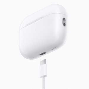 A white wireless earbud charging case, reminiscent of the AirPods Pro 3 features, is set against a pristine backdrop. It boasts a small indicator light, a charging port at the bottom, and an attached USB-C cable for seamless power-ups.