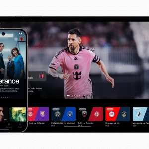 A phone and a tablet showcase sports content. The phone, using the Apple TV App for Android, displays a series titled "Severance." The tablet highlights a soccer player in a pink jersey, while various sports team logos line the bottom.