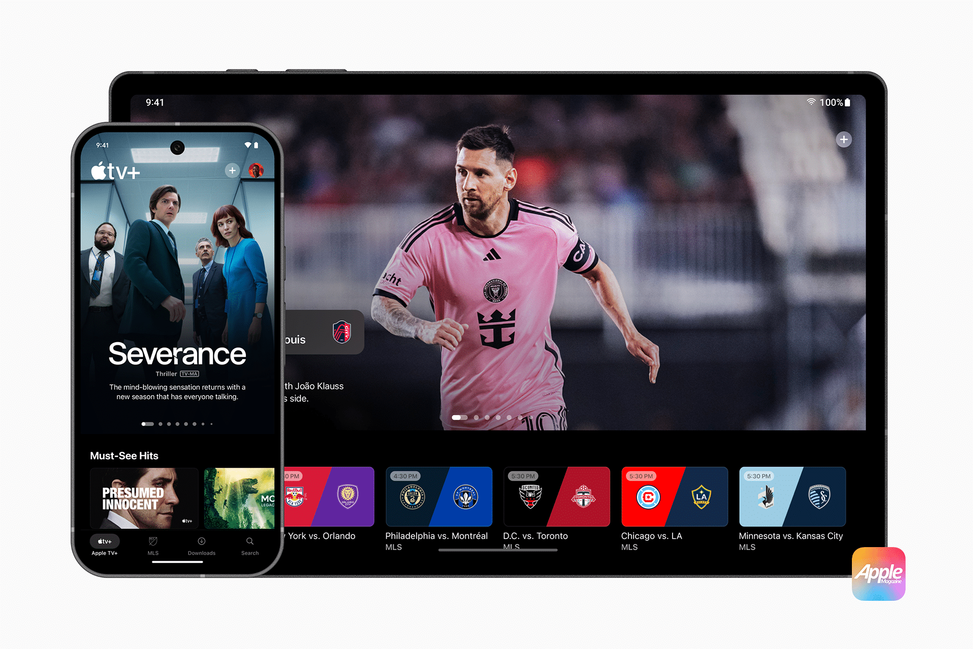 A phone and a tablet showcase sports content. The phone, using the Apple TV App for Android, displays a series titled "Severance." The tablet highlights a soccer player in a pink jersey, while various sports team logos line the bottom.