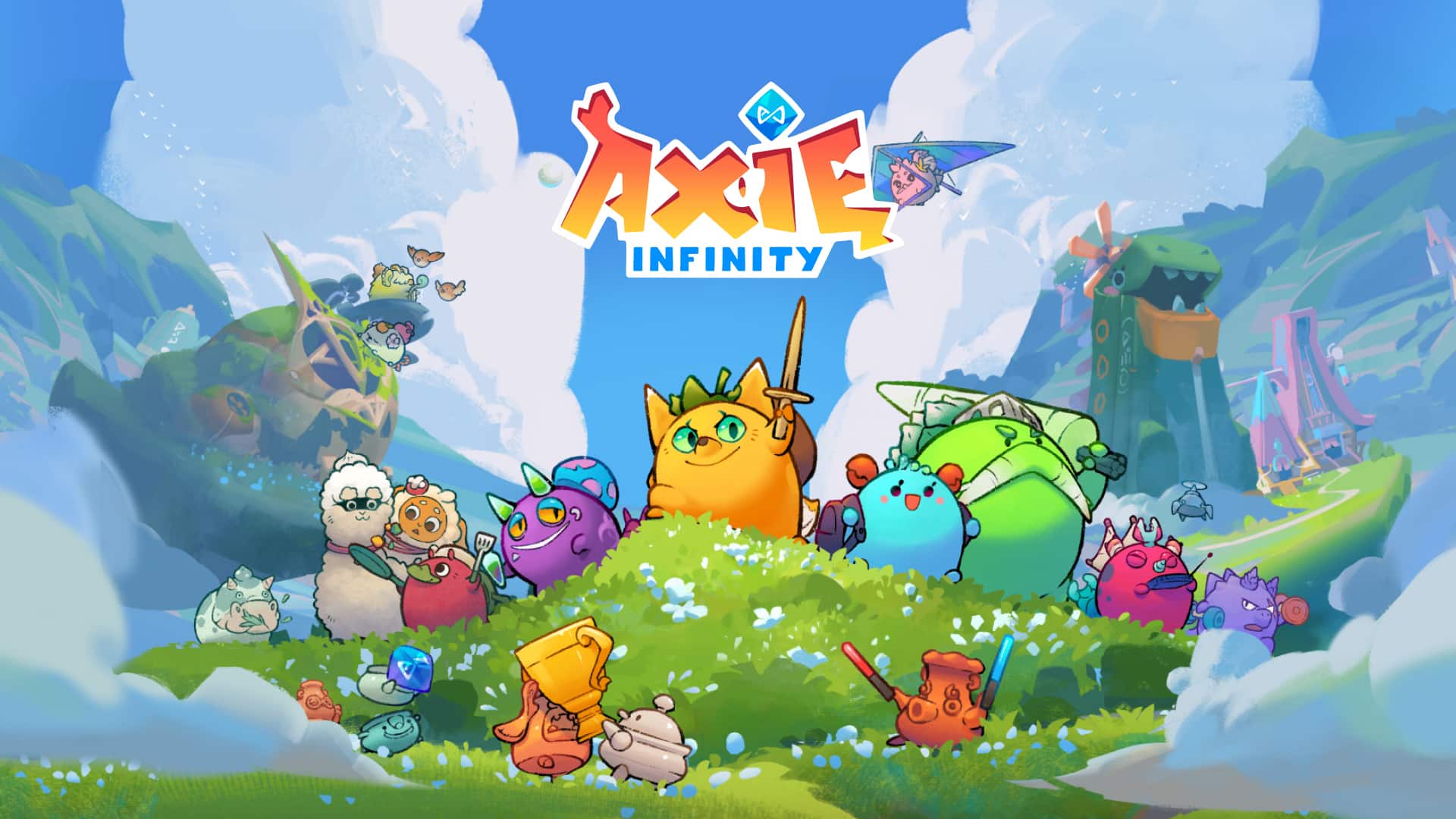 Cartoon creatures gather on a grassy hill under a bright 2025 sky, with the "Axie Infinity" logo above them. These quirky animals, reminiscent of characters from popular apps, are surrounded by flowers and fantasy landscapes, creating a vibrant scene where trying your luck seems irresistible.