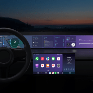 The car dashboard at dusk showcases an updated digital speedometer, navigation, and music player. The iOS 18.4 CarPlay touchscreen displays apps, weather, calendar, and messages seamlessly. Through the windshield, a blurred landscape fades into the background.