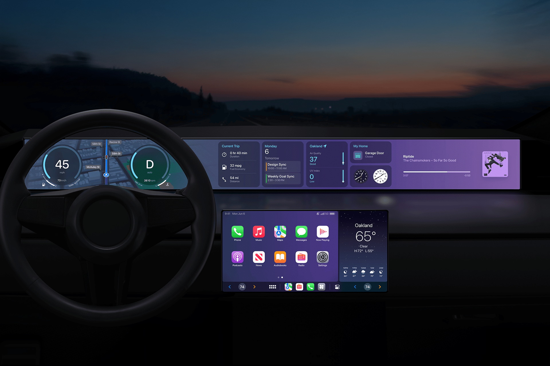 The car dashboard at dusk showcases an updated digital speedometer, navigation, and music player. The iOS 18.4 CarPlay touchscreen displays apps, weather, calendar, and messages seamlessly. Through the windshield, a blurred landscape fades into the background.