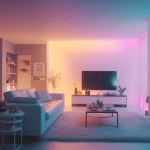 Modern living room with ambient lighting in pink, orange, and blue hues. Features a white sofa, TV on a stand, coffee table with cups, Apple bookshelves, plants, and abstract wall art. A small table with robot decor sits beside the sofa.