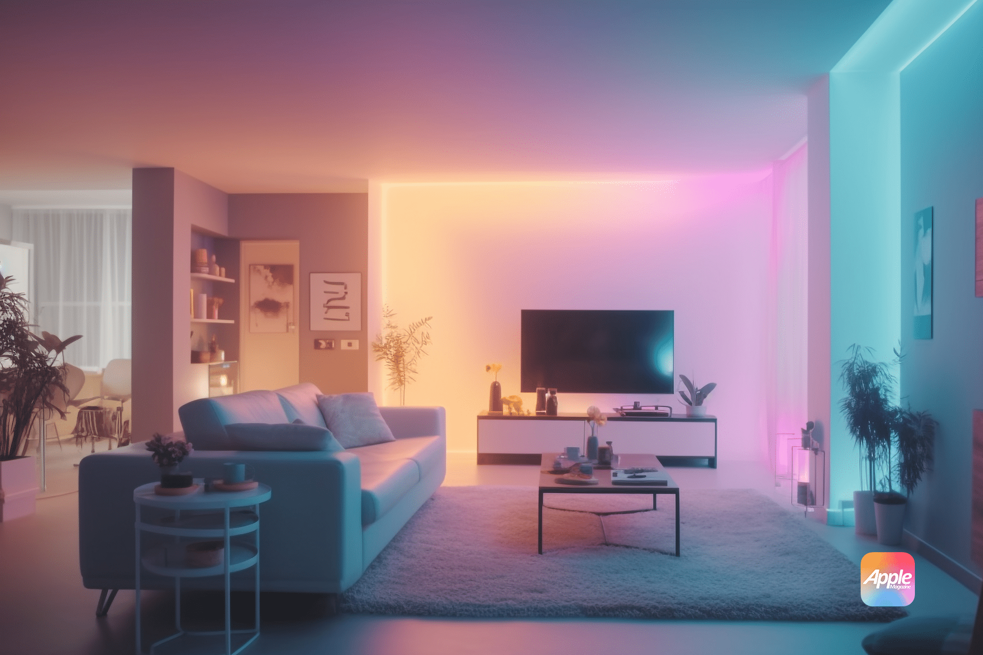 Modern living room with ambient lighting in pink, orange, and blue hues. Features a white sofa, TV on a stand, coffee table with cups, Apple bookshelves, plants, and abstract wall art. A small table with robot decor sits beside the sofa.