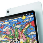 An iPad Air 2025 displays a stylized drawing with rainbows, clouds, plants, and a red sun. The vibrant illustration features "Ceramic Peaks" and "World Tour." The tablet is showcased from the front angle, slightly overlapping its sleek back.