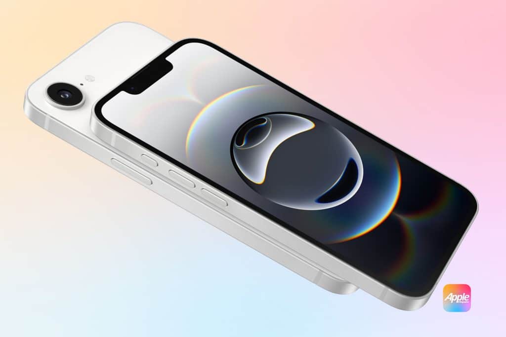 A sleek, white smartphone lies flat against a colorful gradient background. The screen displays a futuristic abstract design with circular patterns. The device features a rear camera and side buttons. An Apple logo is visible in the corner.