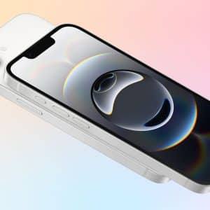 A sleek, white smartphone lies flat against a colorful gradient background. The screen displays a futuristic abstract design with circular patterns. The device features a rear camera and side buttons. An Apple logo is visible in the corner.