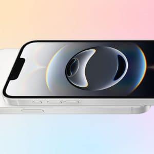 Two smartphones are stacked. The top phone displays a circular, abstract design with a notch at the top of the screen. Both phones are white, showing side buttons, against a pastel gradient background. The Apple logo is at the bottom right.