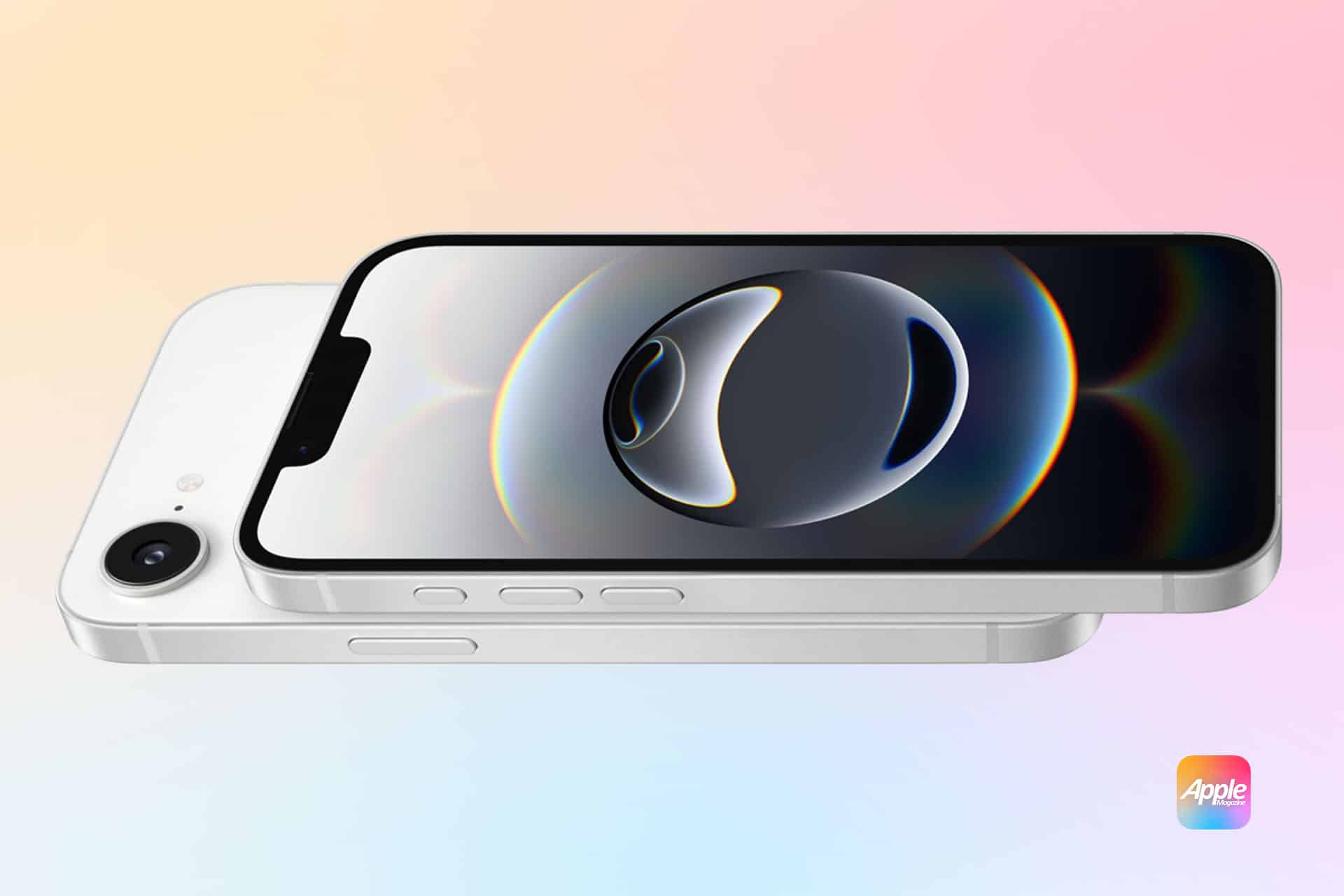 Two smartphones are stacked. The top phone displays a circular, abstract design with a notch at the top of the screen. Both phones are white, showing side buttons, against a pastel gradient background. The Apple logo is at the bottom right.