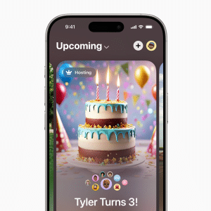 An iPhone screen showcases a vibrant birthday invitation via the Apple Invites App, featuring a two-tiered cake with candles. Colorful balloons set the background, while text exclaims "Tyler Turns 3!" with fun icons below. The recognizable Apple logo sits in the bottom right corner.