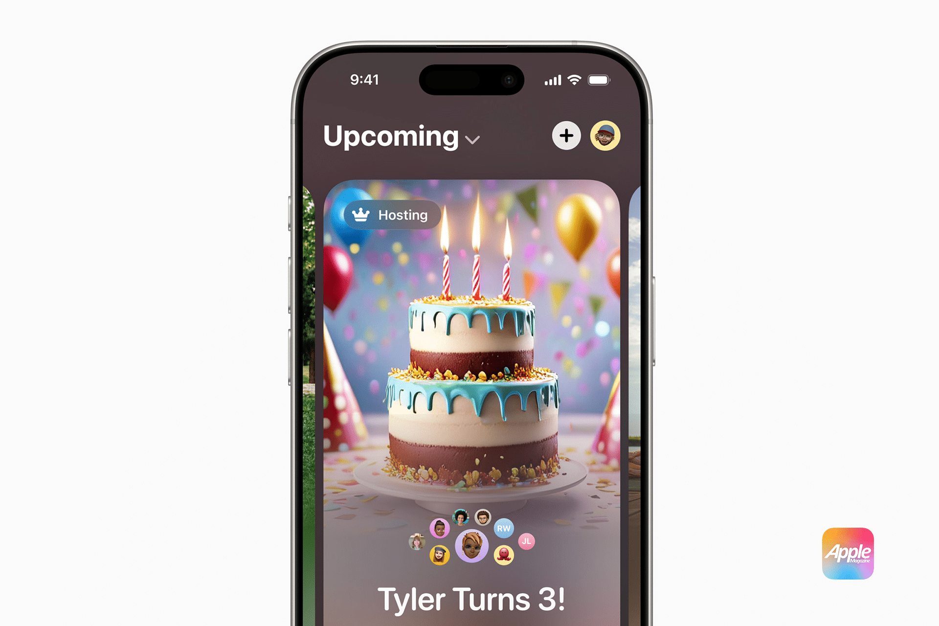 An iPhone screen showcases a vibrant birthday invitation via the Apple Invites App, featuring a two-tiered cake with candles. Colorful balloons set the background, while text exclaims "Tyler Turns 3!" with fun icons below. The recognizable Apple logo sits in the bottom right corner.