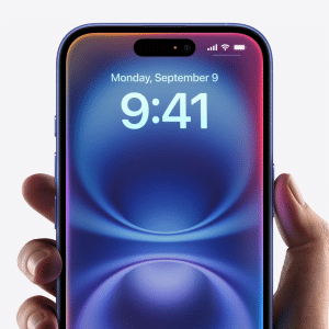 A hand holds a smartphone showing the time 9:41 on a vibrantly colored blue and purple screen. The date, Monday, September 9, is displayed at the top. The Apple logo graces the bottom right corner of this sleek device with its minimal bezel design, subtly suggesting you disable Apple Intelligence for a cleaner look.