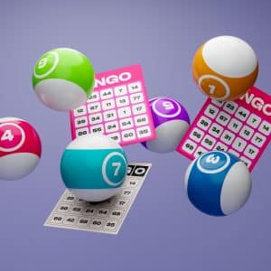 Colorful bingo balls numbered 3, 4, 7, 9, and 11 float alongside bingo cards in mid-air against a purple background. As we look to the future in 2025, trying your luck with these vibrant games brings a dynamic, playful scene to life.