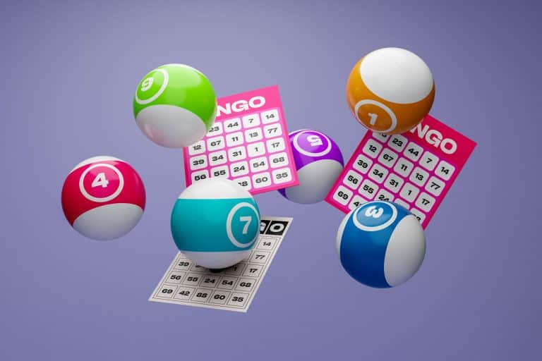 Colorful bingo balls numbered 3, 4, 7, 9, and 11 float alongside bingo cards in mid-air against a purple background. As we look to the future in 2025, trying your luck with these vibrant games brings a dynamic, playful scene to life.