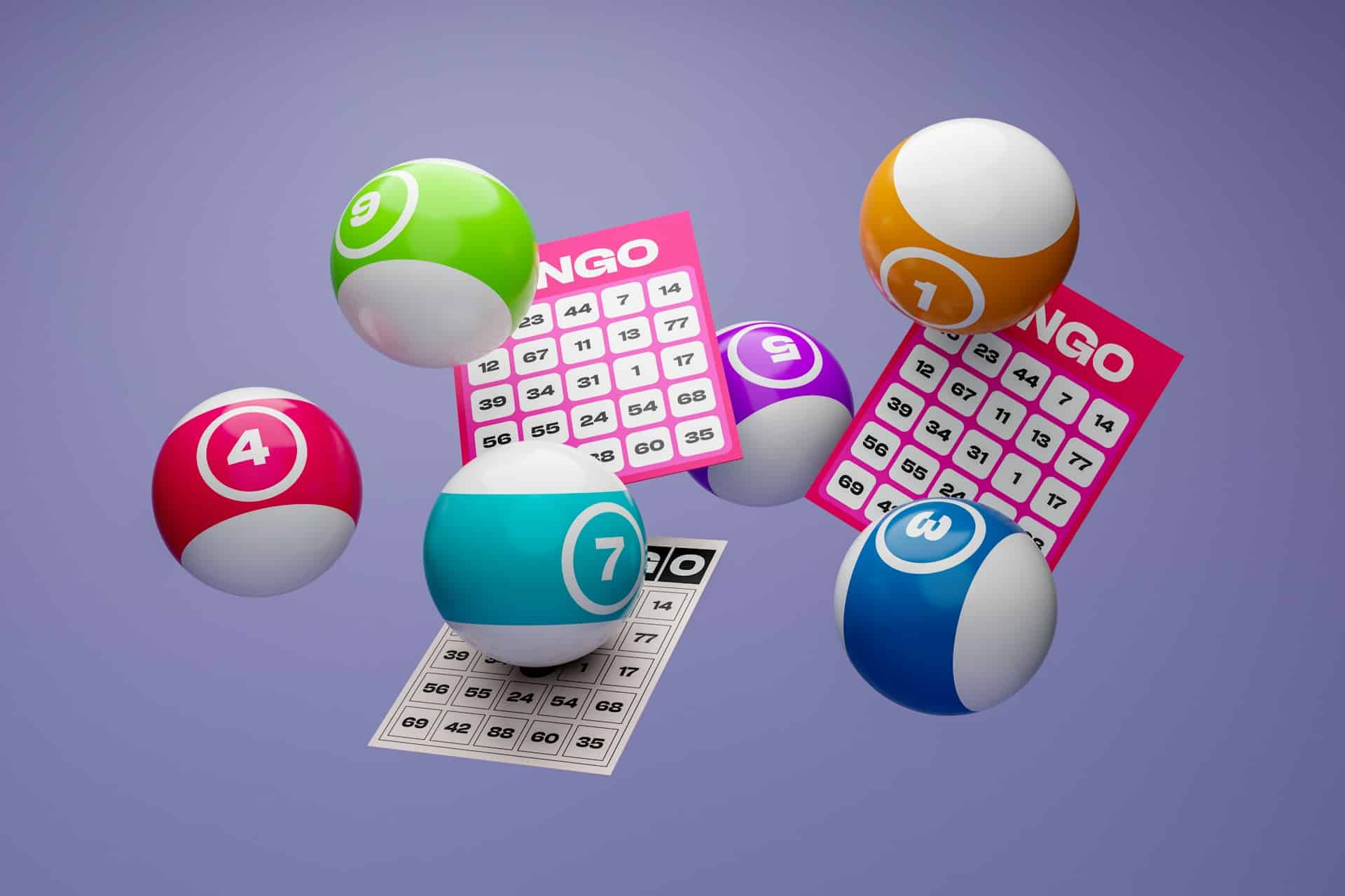 Colorful bingo balls numbered 3, 4, 7, 9, and 11 float alongside bingo cards in mid-air against a purple background. As we look to the future in 2025, trying your luck with these vibrant games brings a dynamic, playful scene to life.