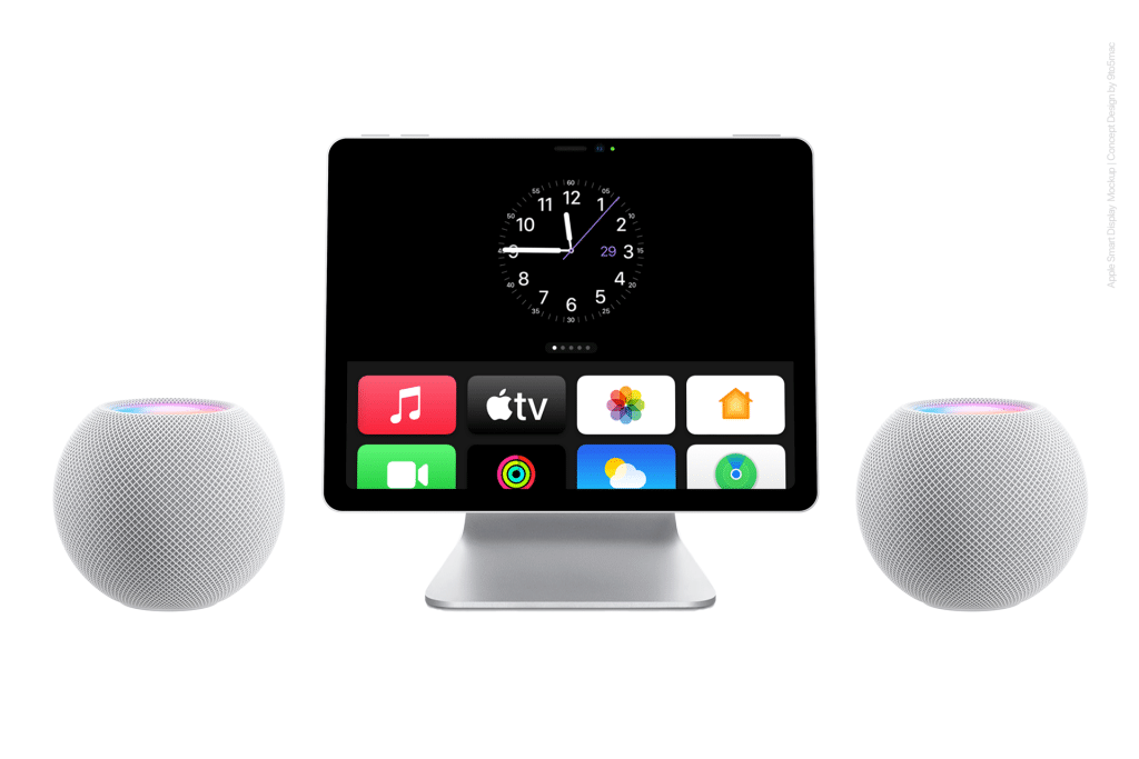 An Apple Smart Display tablet with a digital clock and app icons sits on a stand between two spherical smart speakers. The speakers feature a mesh design with colorful lights on top. This sleek setup is showcased against a plain white background.