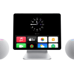 An Apple Smart Display tablet with a digital clock and app icons sits on a stand between two spherical smart speakers. The speakers feature a mesh design with colorful lights on top. This sleek setup is showcased against a plain white background.